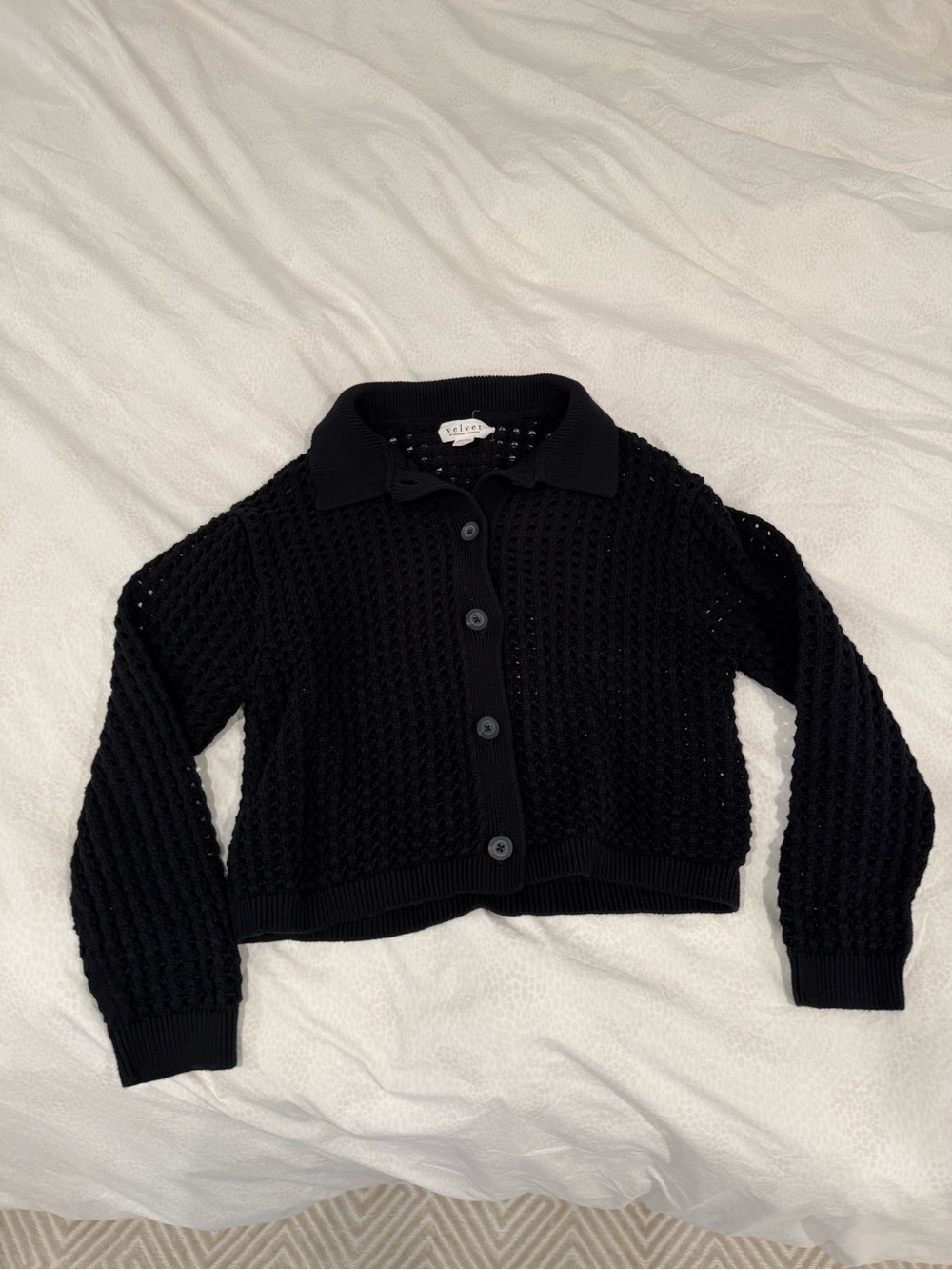 Velvet Black Cropped Open-Weave Button Cardigan